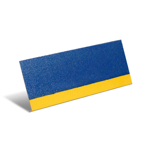 Rutschfeste Treppenstufenabdeckung in Blau mit gelbem Rand für mehr Sicherheit auf Treppen durch gute Sichtbarkeit.